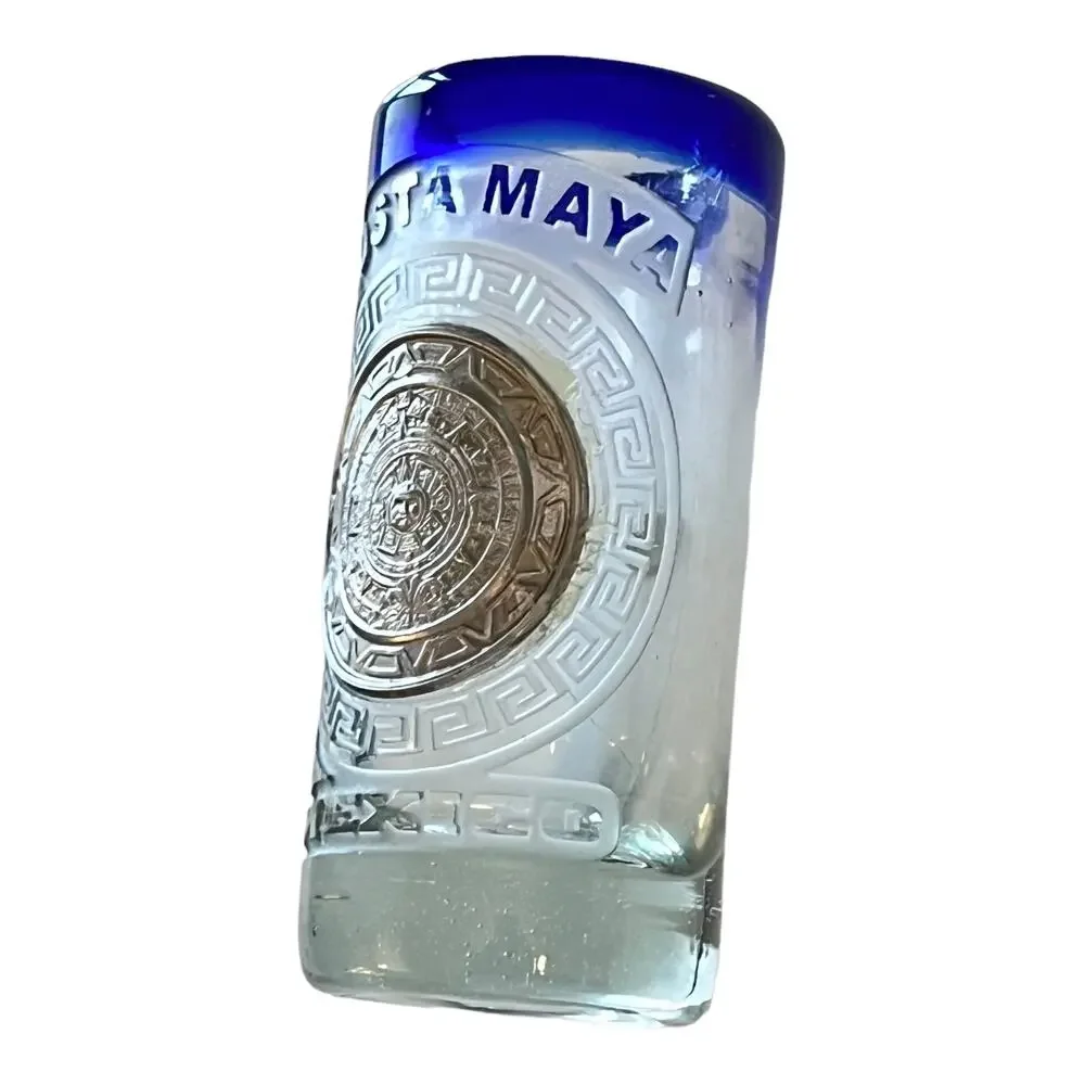 VTG Hand Blown DOUBLE SHOT GLASS Costa Maya Mexico Blue Rim Silver Medallion